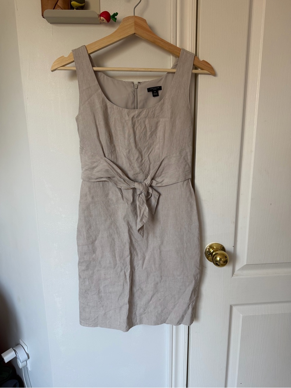 Ann Taylor Neutral Taupe Tie-Waist Linen-Blend Mini Dress